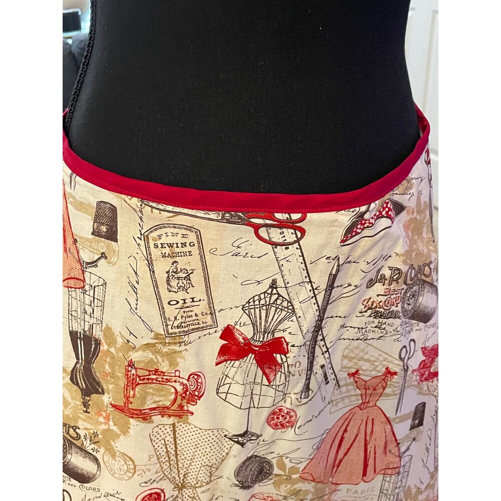 OOAK Sewing Motif High Low Skirt Red Cream Brown Size M - Picture 3 of 4